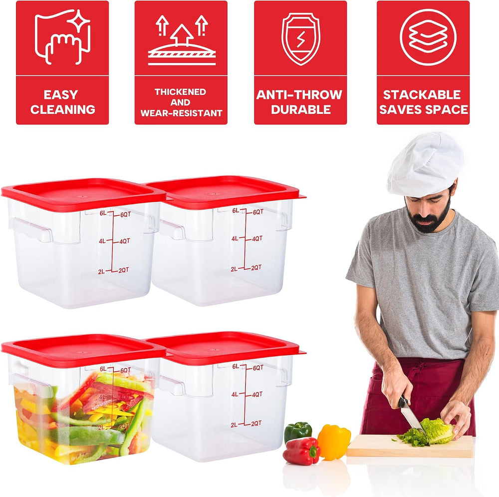 BIEAMA 4 Pack 6 Qt Square Food Storage Containers with Lids, NSF, Clear