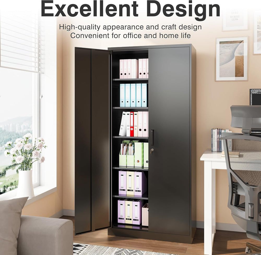 SISESOL Metal Storage Cabinet with 2 Doors and 6 Shelves,Black Metal Cabinet ...