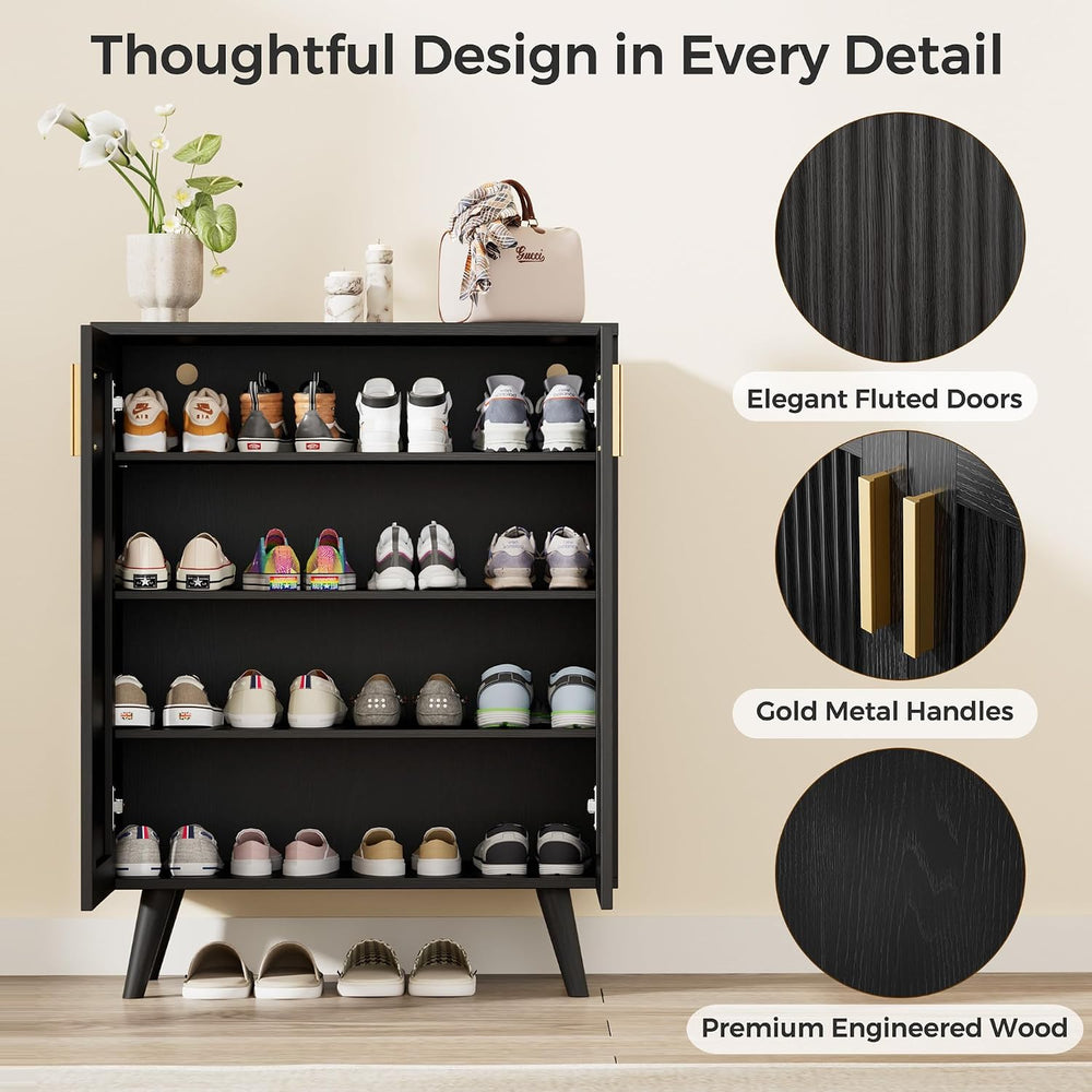 Fluted Shoe Cabinet with Doors, 4-Tier Entryway Shoe Storage