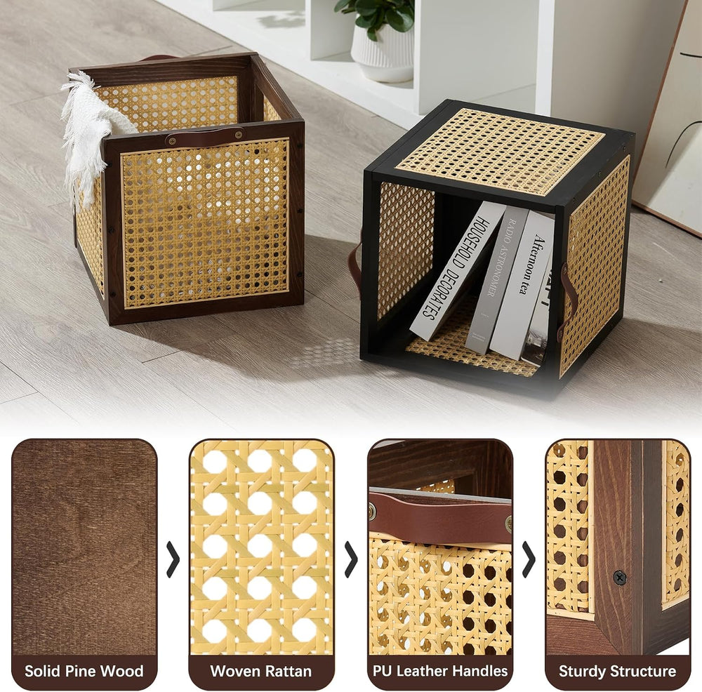 2PCS Rattan Storage Cubes Decorative Handmade Wooden Basket Box