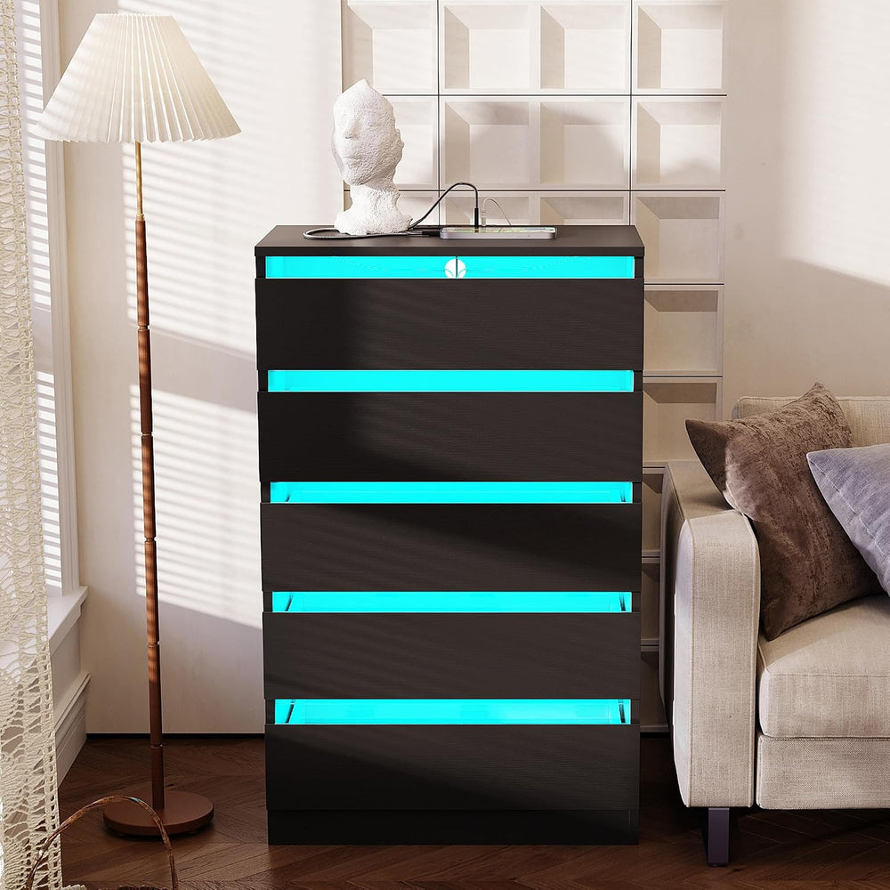 Tall Black Dresser with Power Outlets & LED Lights, 5 Drawer Tall Dresser...