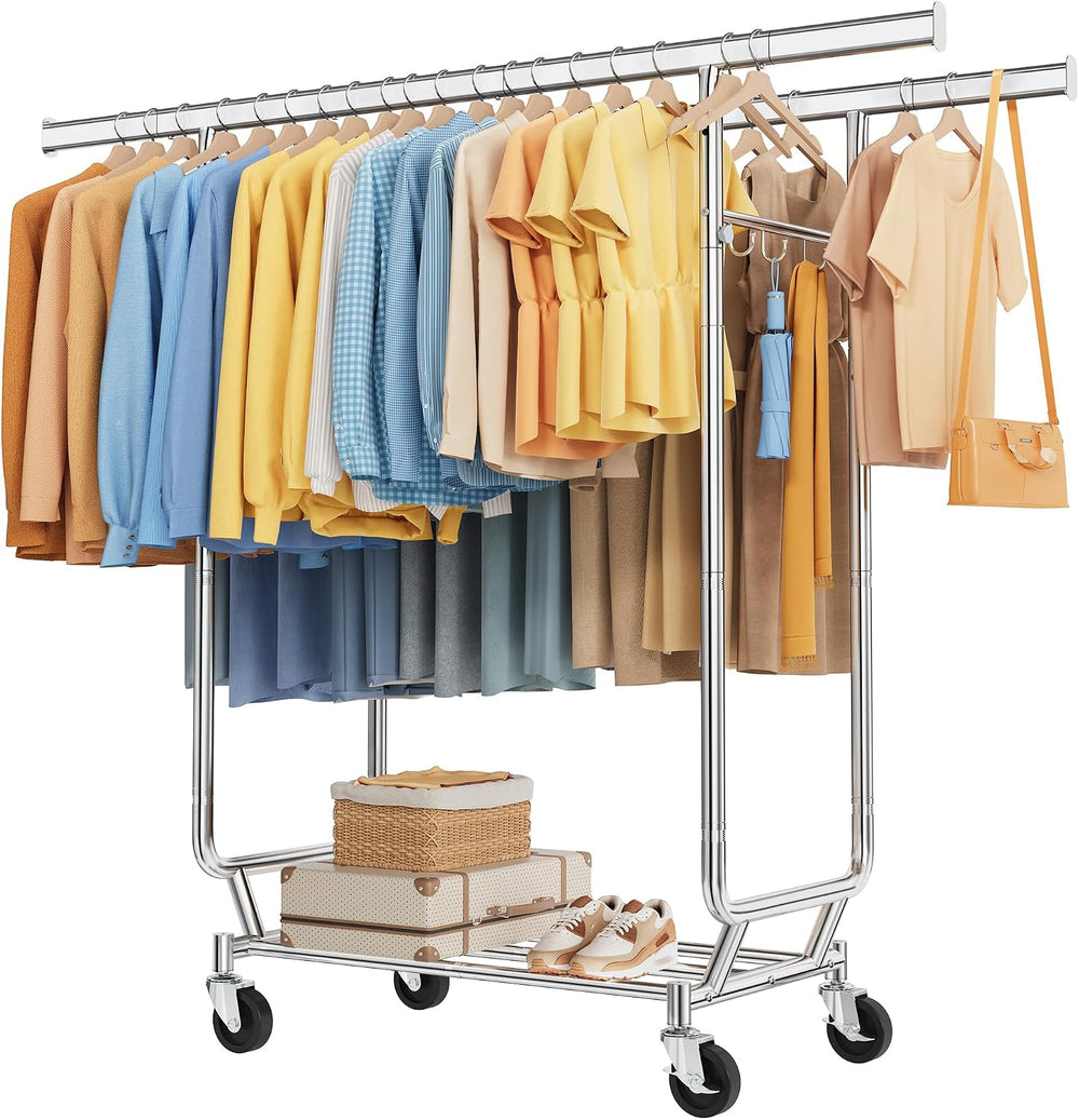 Tajsoon Clothes Rack Double Rod Clothing Rack with Wheels Load 450 LBS