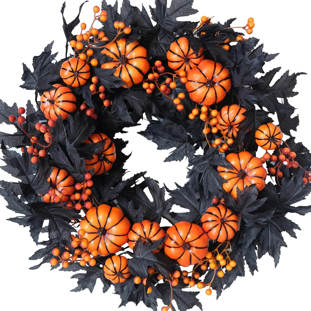 Halloween Wreaths Black Maple Leaf Wreath Orange Pumpkin Wreath Holiday Decor...