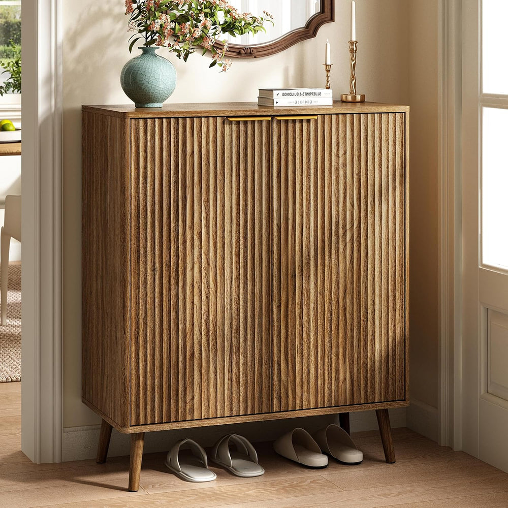 5-Tier Shoe Storage Cabinet with Adjustable Shelves, Natural Oak丨Fluted Shoe ...