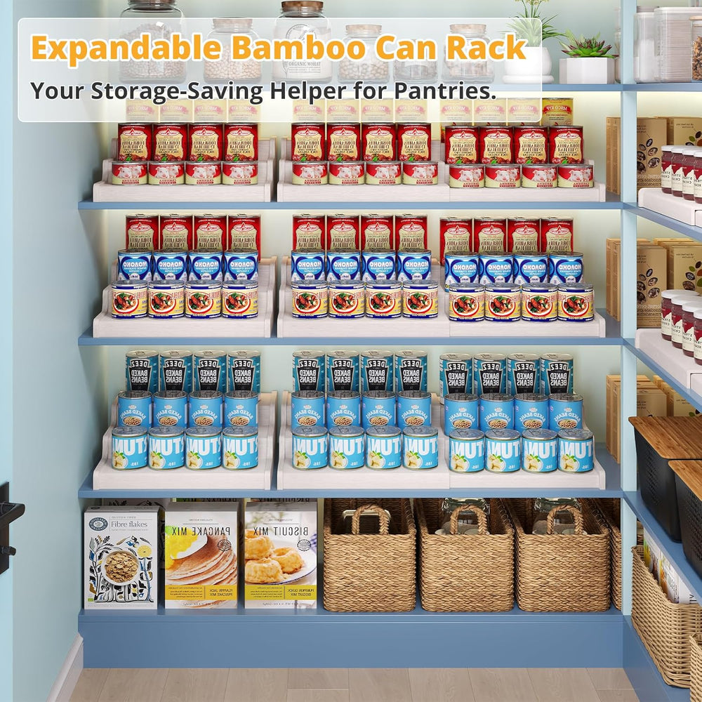3-Tier Expandable Bamboo Can Organizer for Pantry, Holds 24 Cans, White