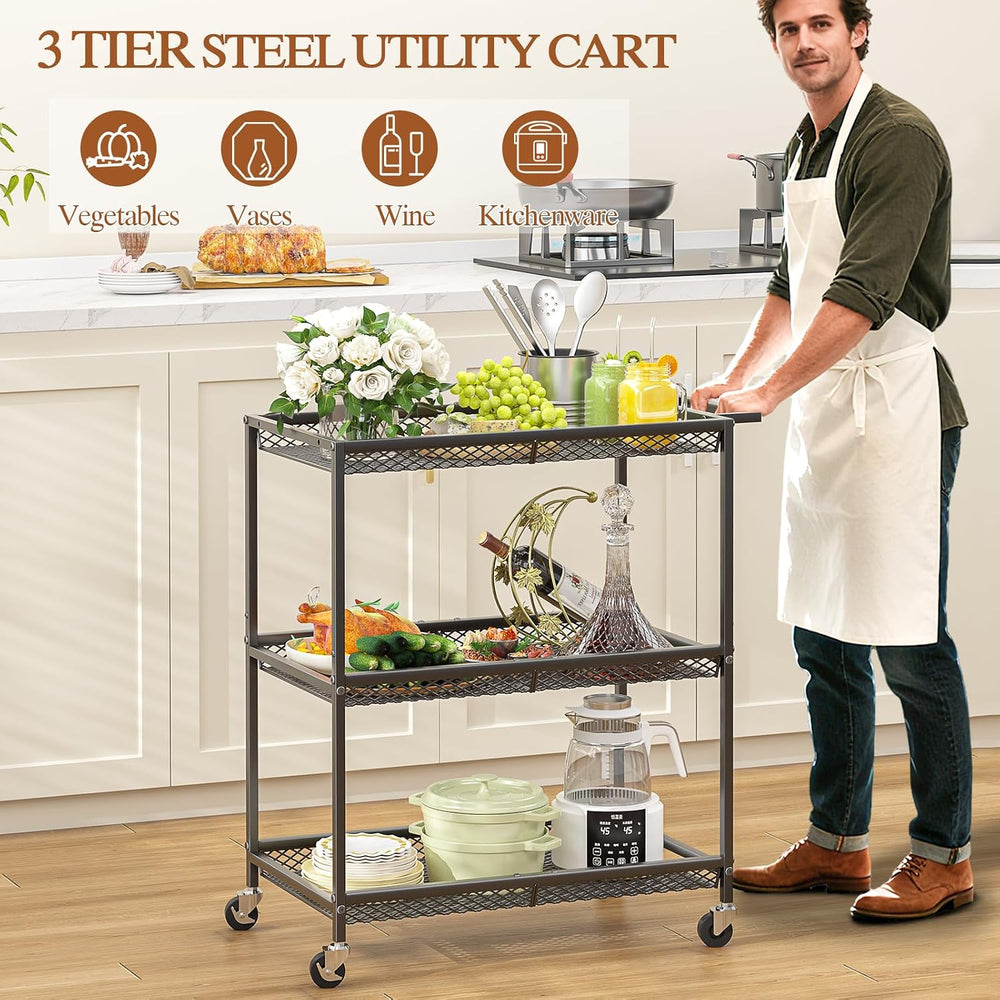 3 Tier Rolling Utility Kitchen Cart, Heavy Duty Wire Rolling Cart on Wheels, ...