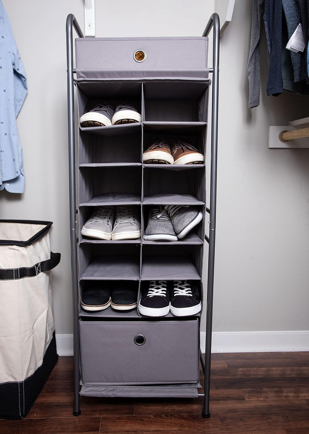 BIRDROCK HOME 12 Cubby Vertical Shoe Rack Organizer with Large Drawer - Grey ...