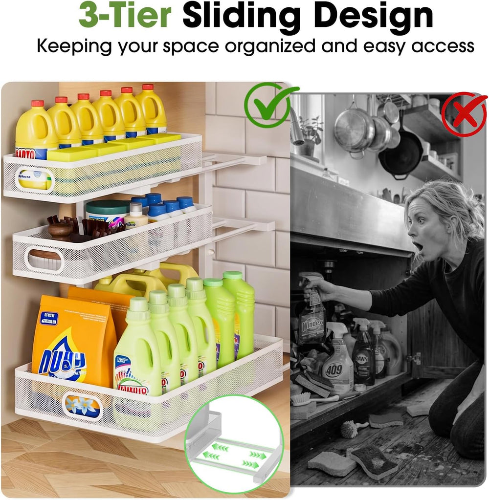 Under Sink Organizer 3 Tier, 2 Pack L-Shaped Pull-Out Cabinet Organizer with ...