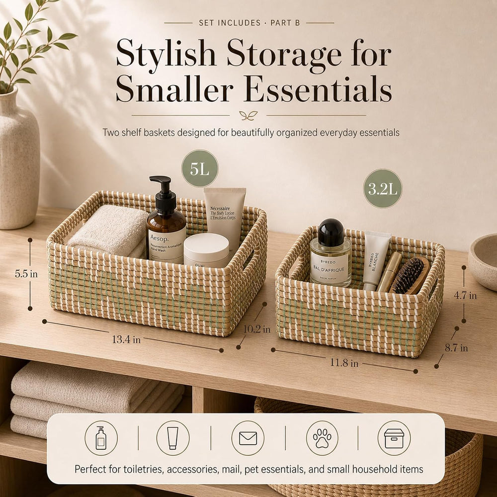 Sea Grass Storage Basket Set of 4, Handwoven Wicker Storage Organizer, Includ...