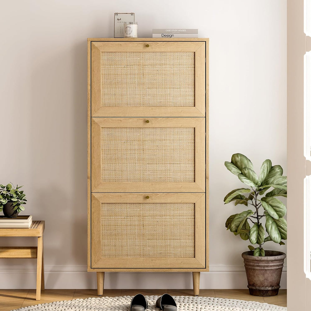 Narrow Shoe Cabinet with 3 Flip Drawers Set of 2 Hidden Freestanding Shoe Rac...