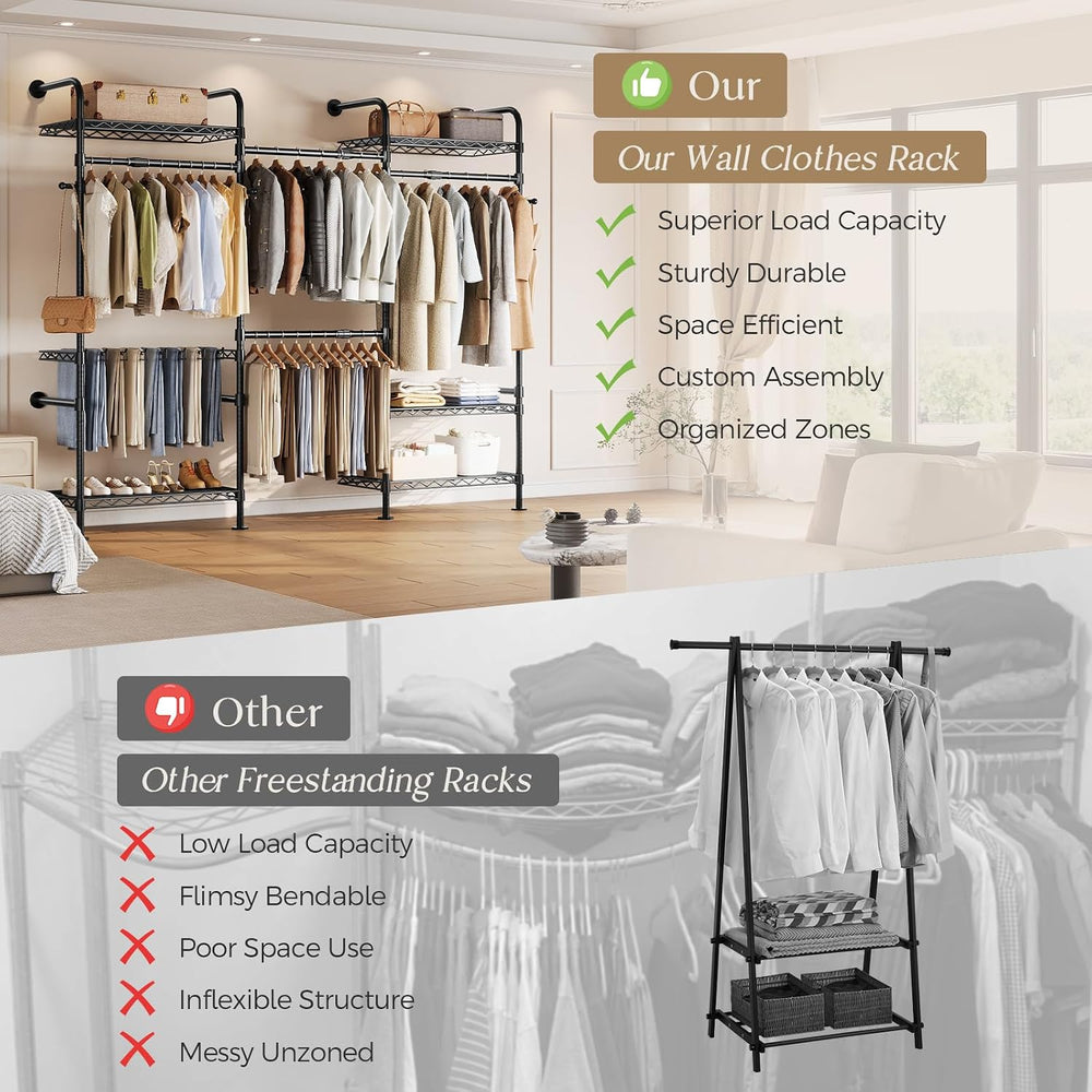 Closet Organizers Wall Mounted Closet System, 3-Row Heavy Duty Garment Clothe...