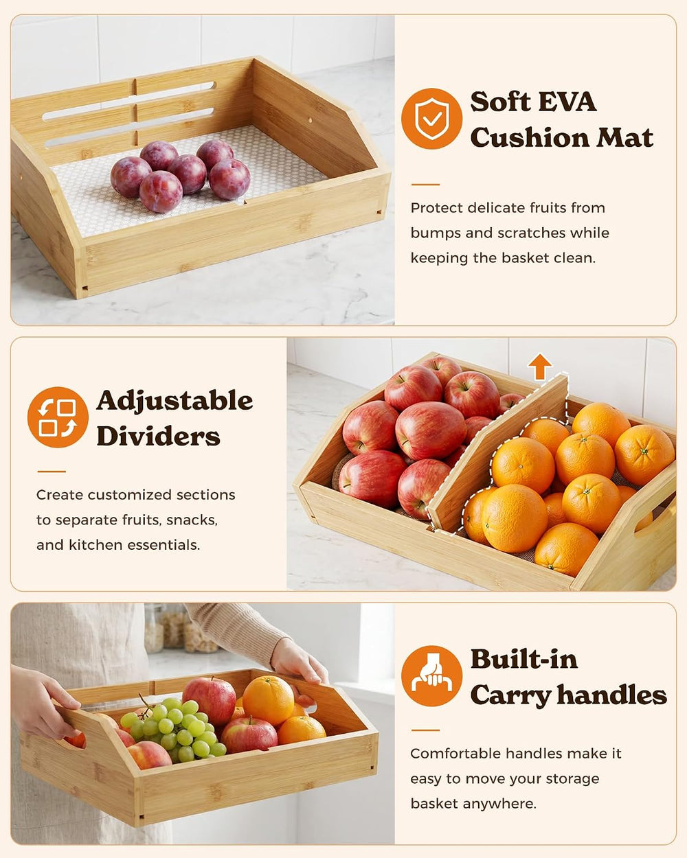 3-Tier Bamboo Fruit Basket with 2 Banana Holders