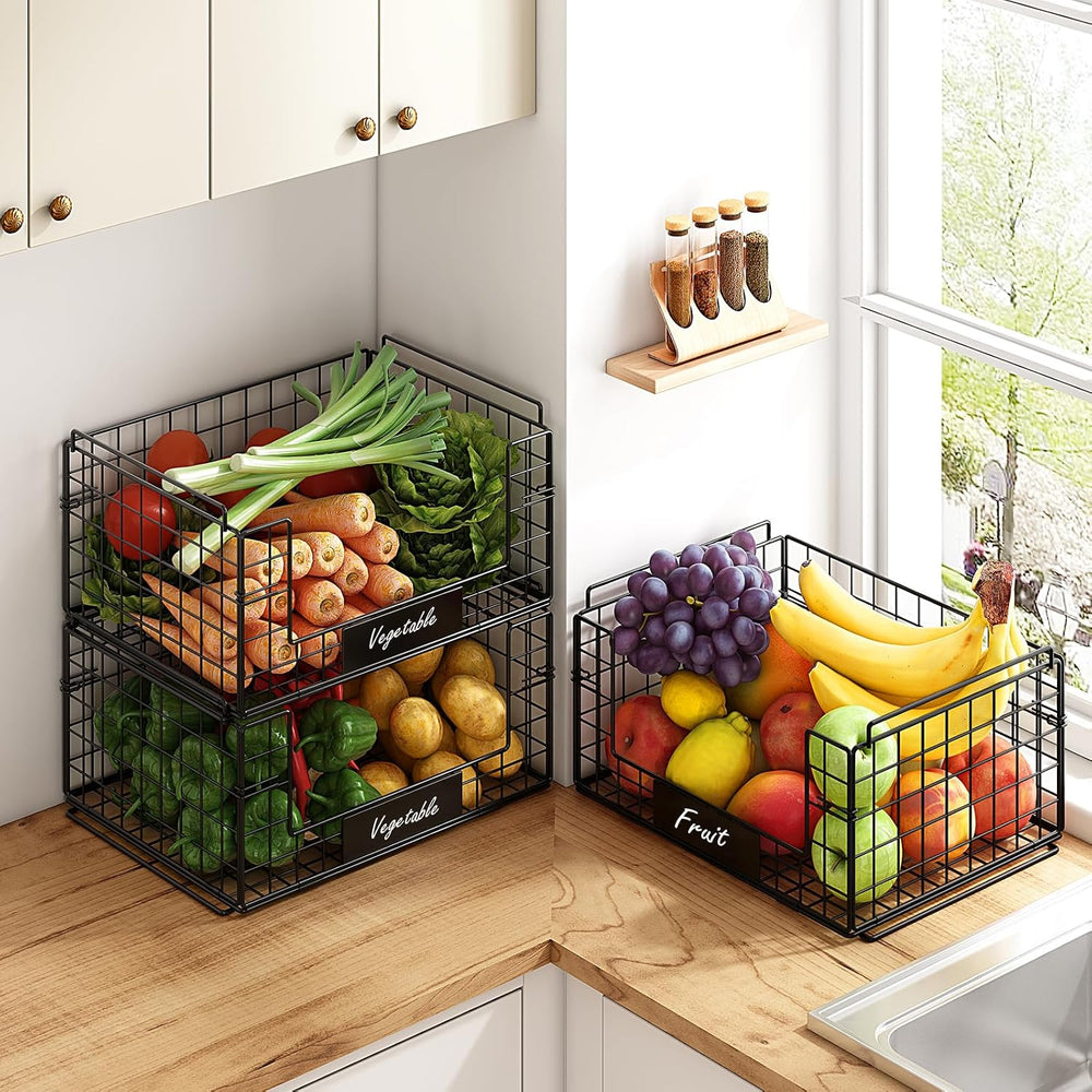 3 Pack XXL Stackable Wire Baskets with Handles & Name Plates