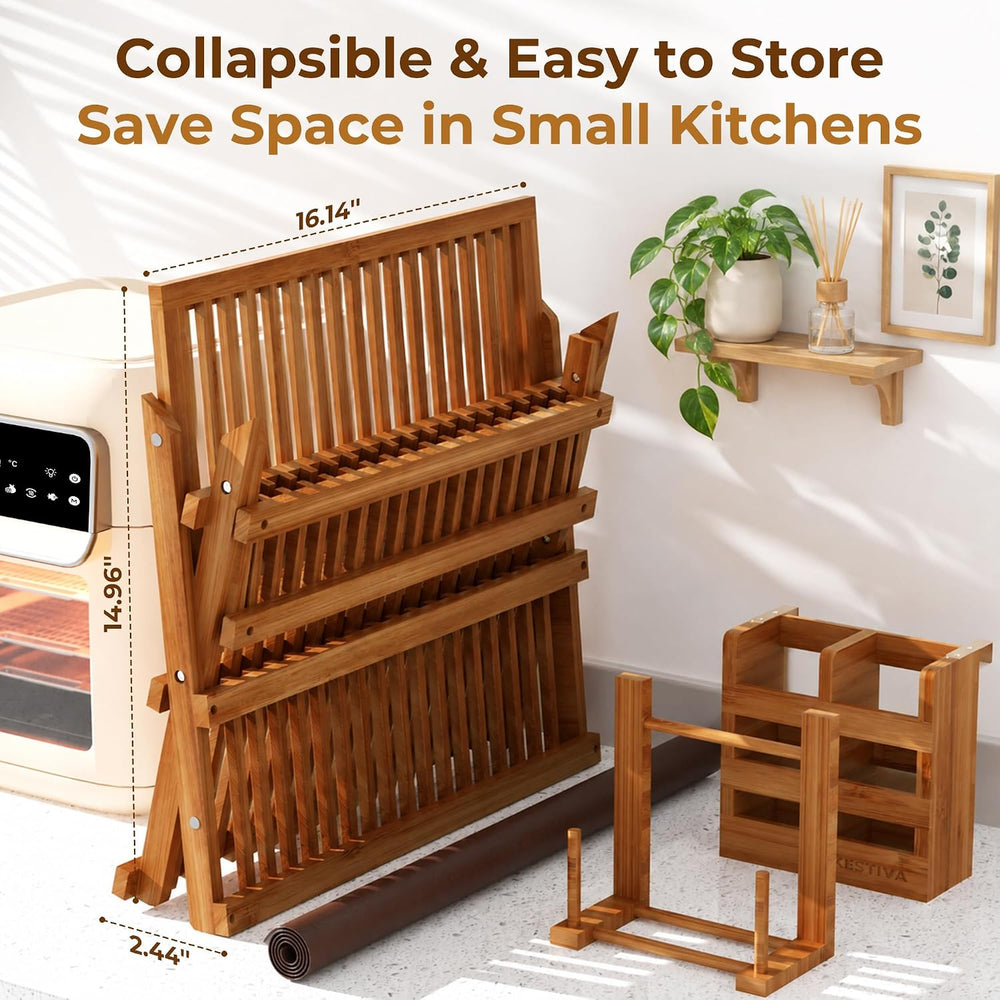 Teak Dish Drying Rack with Utensil Holder 3 Tier Dish Drainer