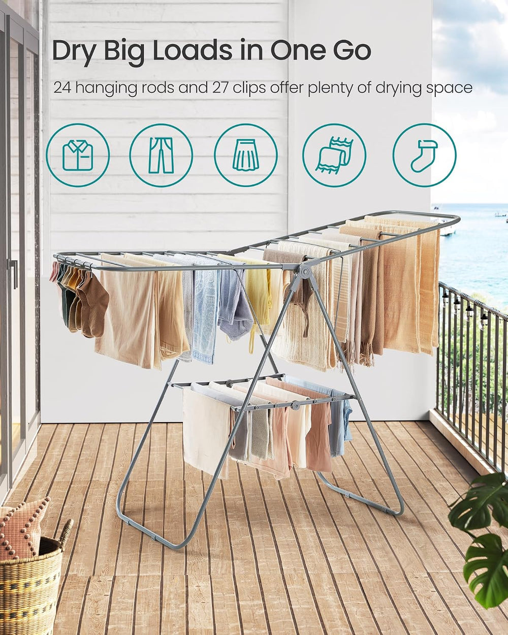 SONGMICS Clothes Drying Rack, Foldable Space-Saving Laundry Drying Rack