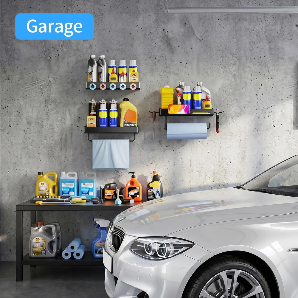 SUNTECH Garage Paper Towel Holder with Shelf, Wall-Mount, 3 Pack (Black)