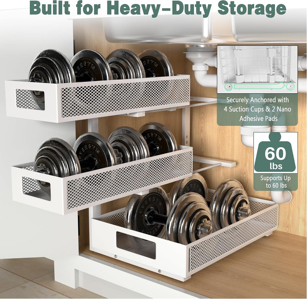 Under Sink Organizer, 3-Tier Height Adjustable Pull Out Cabinet Organizer