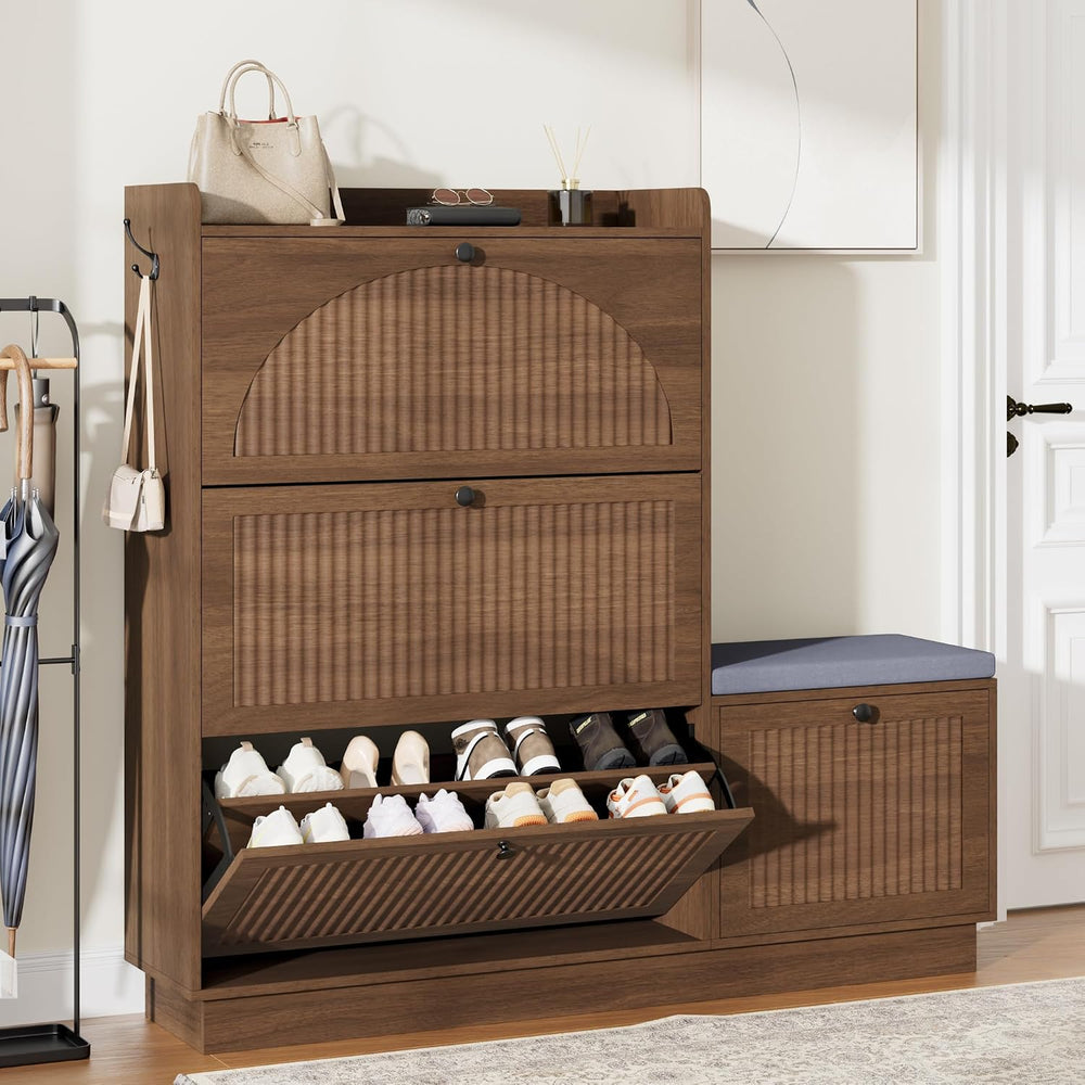 Shoe Cabinet with Bench, 4‑Flip Drawer Fluted Shoe Storage Cabinet with Remov...