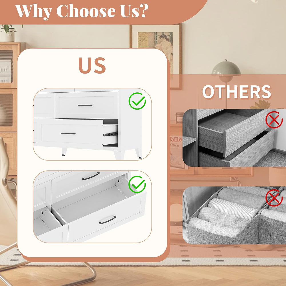 Metal 6 Drawer Dressers for Bedroom, 47" Wide White Steel Chest of Drawe...