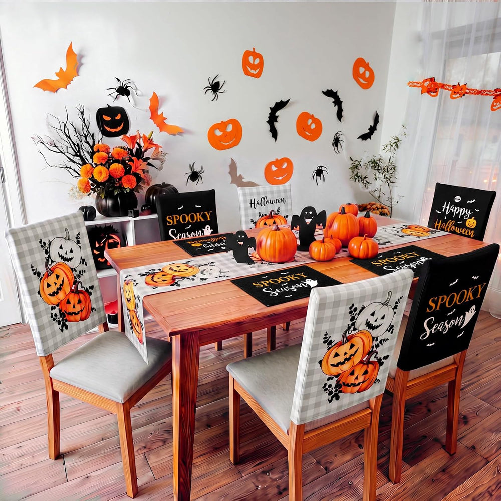 Newtay 13 Pcs Halloween Table Runner Placemats and Dining Chair Cover Set