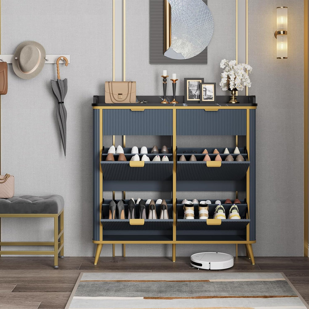 Fluted Shoe Storage Cabinet with 4 Flip Drawers & 2 Drawers, Freestanding...