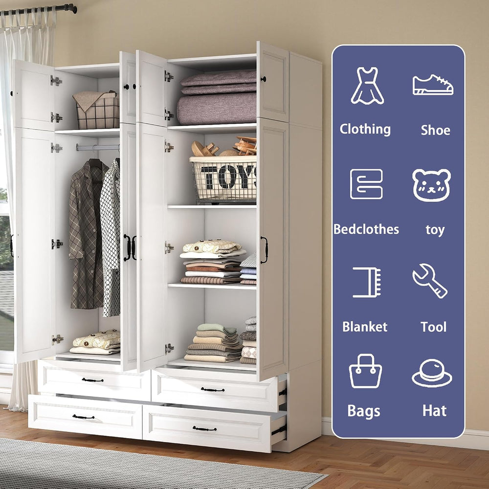 White Armoire Wardrobe Closet with 4 Drawers, 88" Tall x 63" Wide