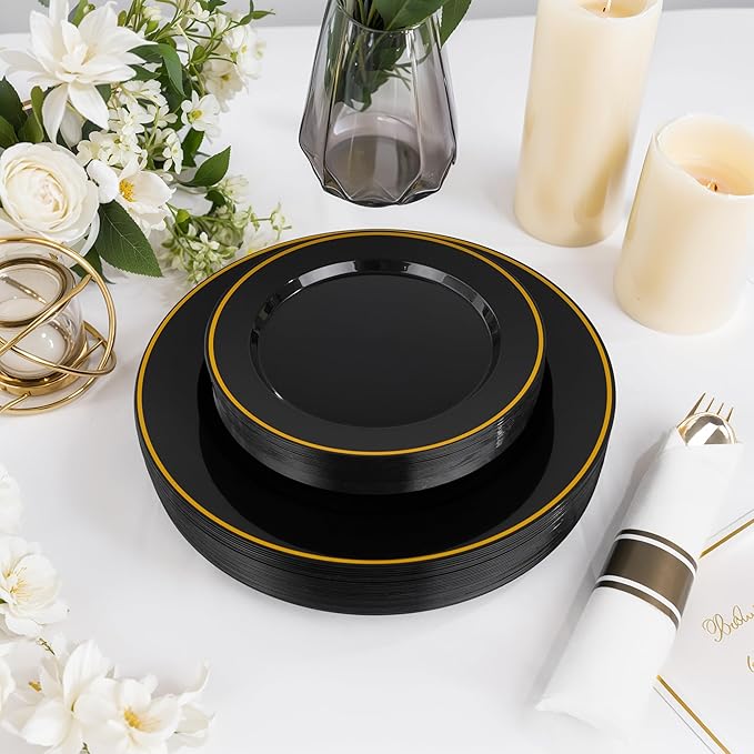 SUT 175 Pcs Black and Gold Plastic Dinnerware Set for 25 Guests, Include: 25 ...