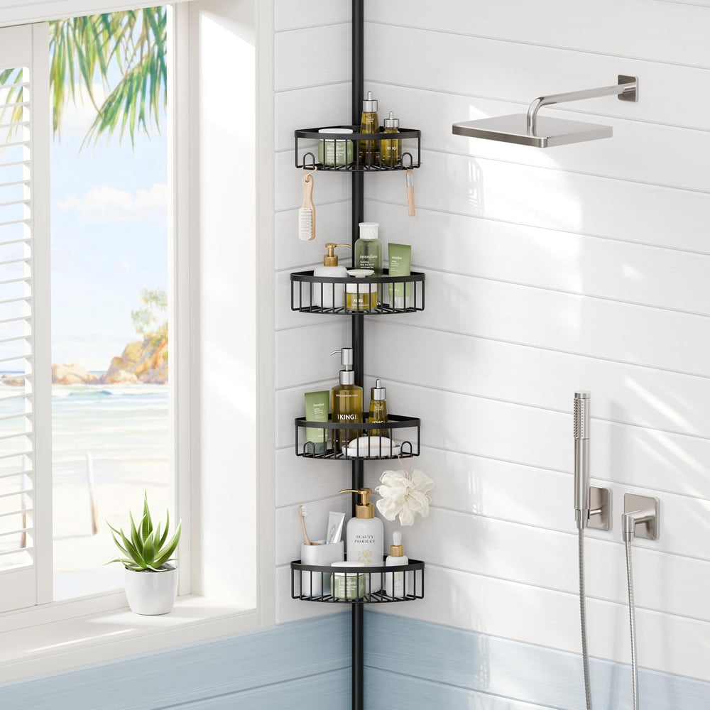 TOOLF 4 Tier Tension Pole Shower Caddy, 12 Adjustable Heights, Flat Black