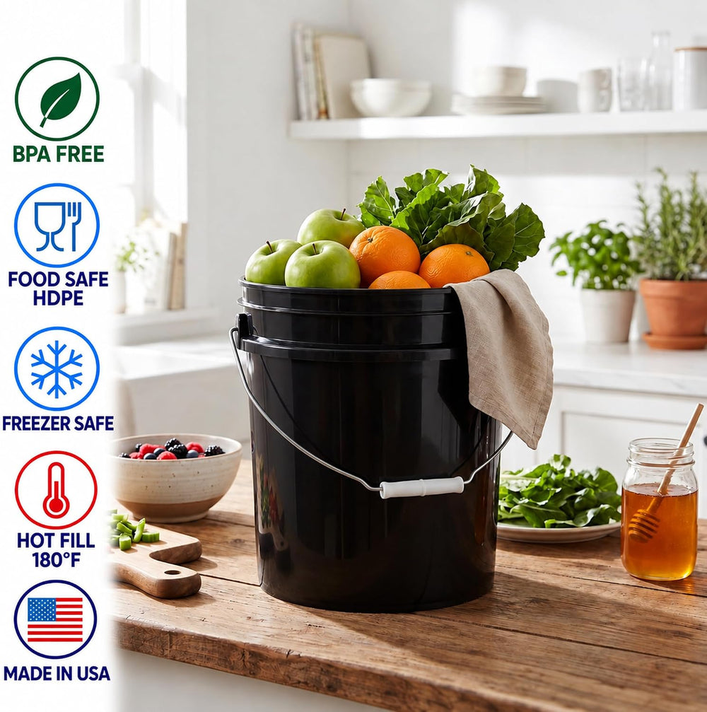 MKS Plastics Black 5-Gallon Heavy-Duty Bucket, No Lid Included, 5-Pack