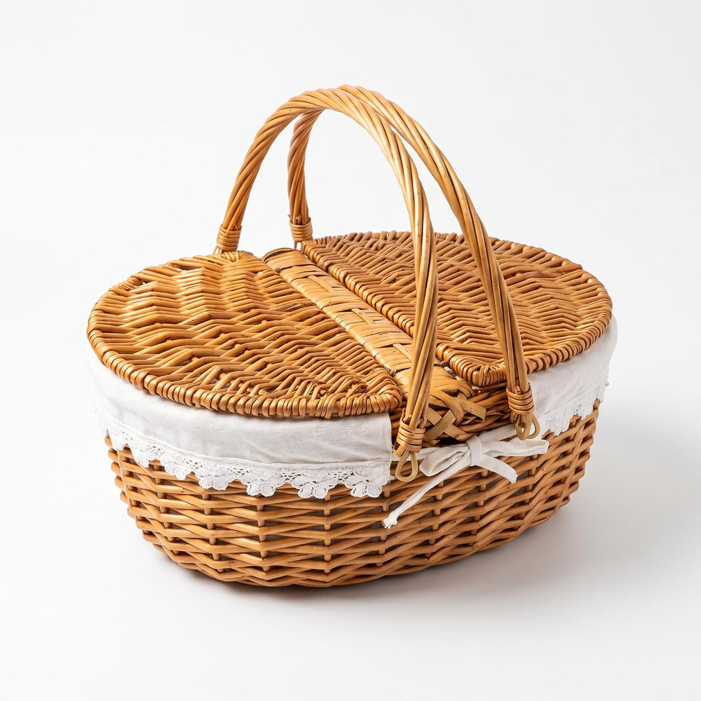 Picnic Wicker Basket with & Handles for Outdoor Camping, White