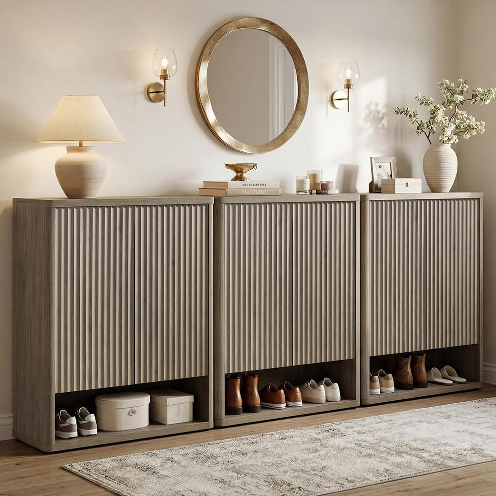 SICOTAS Shoe Cabinet 44 inch Tall Fluted Shoe Cabinet with Doors & 4 Shel...