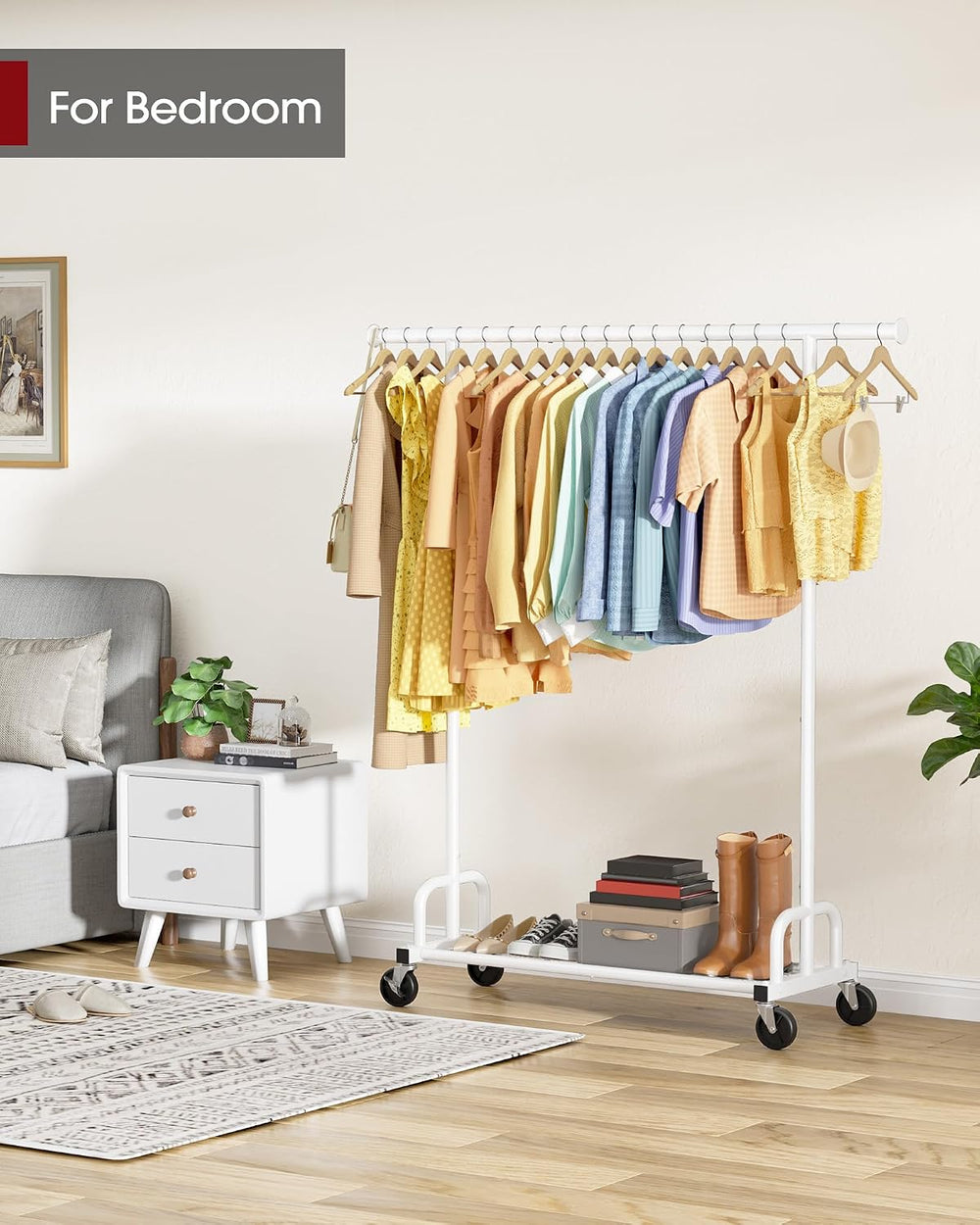Rolling Clothes Rack with Shoe Shelf, 45.6" x 16.9" x 59", White