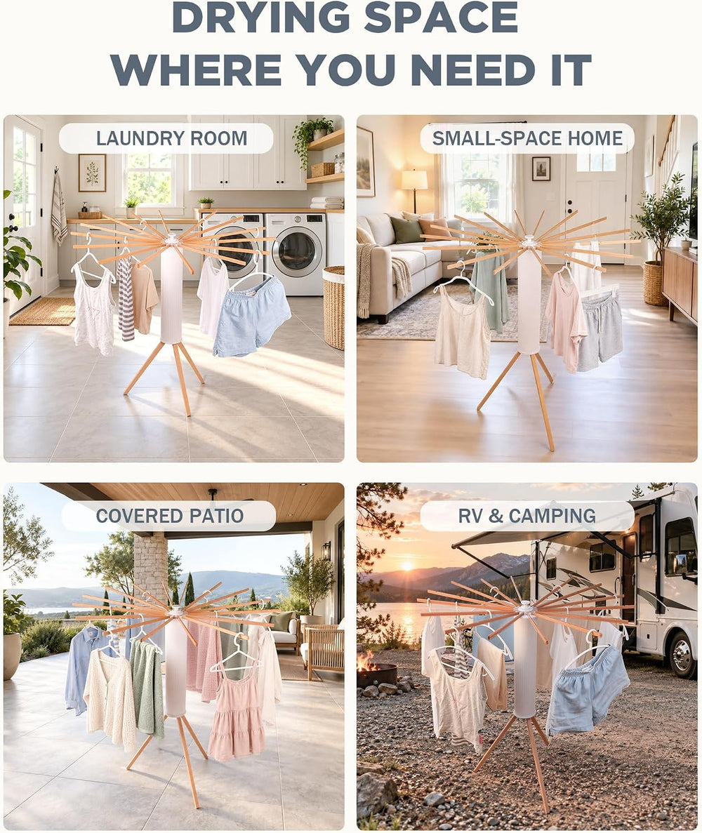 Clothes Drying Rack, Foldable Tripod Laundry Stand, 16 Wooden Arms
