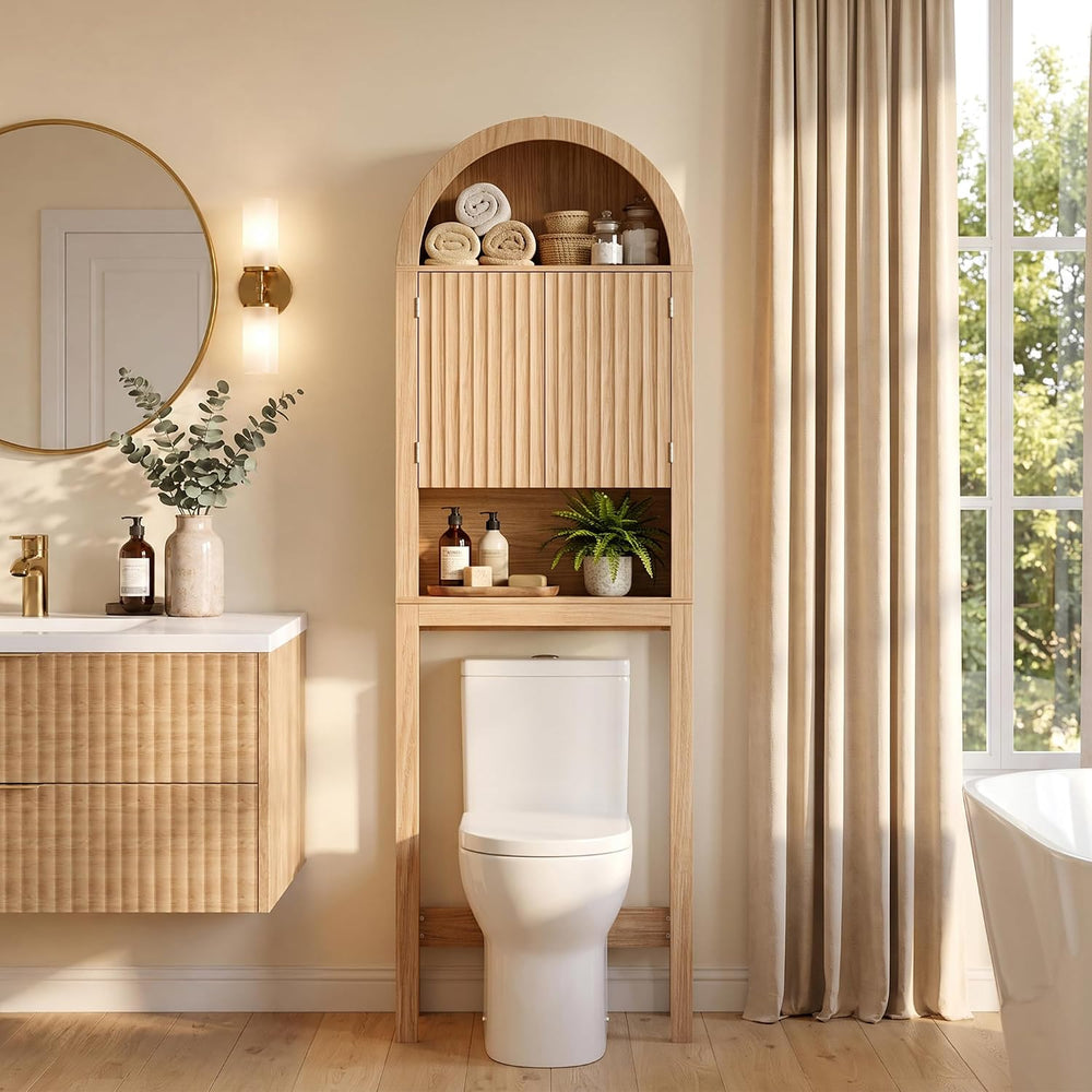 Arched Over The Toilet Storage Cabinet with Fluted Doors, Natural