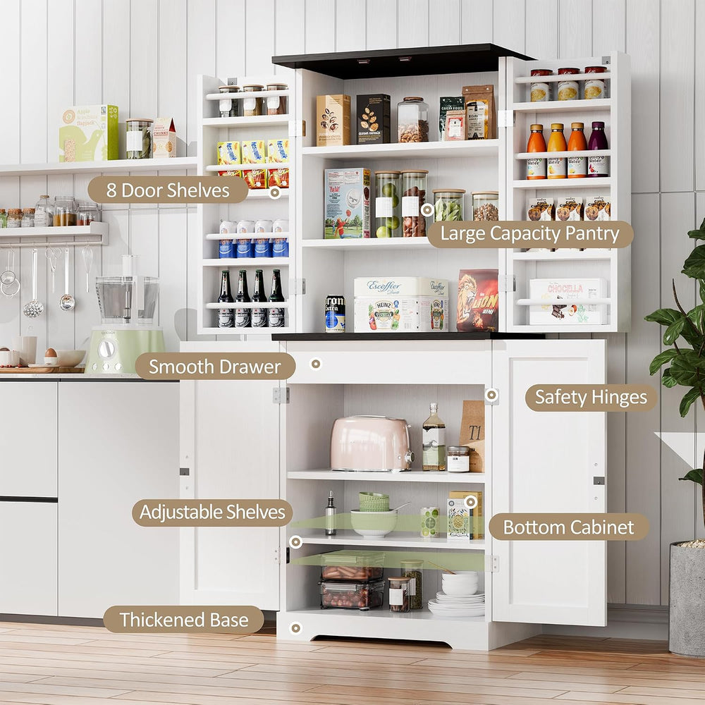 Vongrasig Kitchen Pantry Storage Cabinet with Barn Doors, Drawer & Shelves