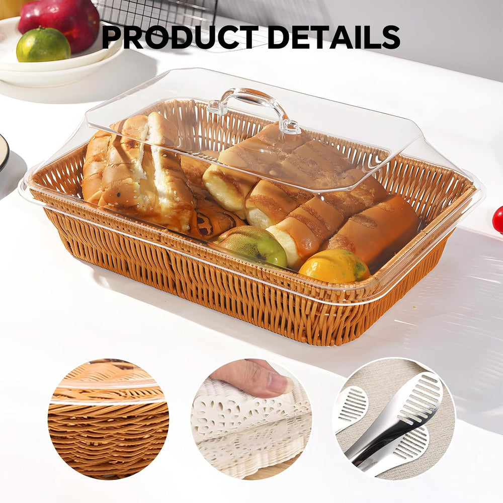 Rattan Bread Baskets, 3 Pack, rectangular Woven Baskets with Acrylic Lids, 13...
