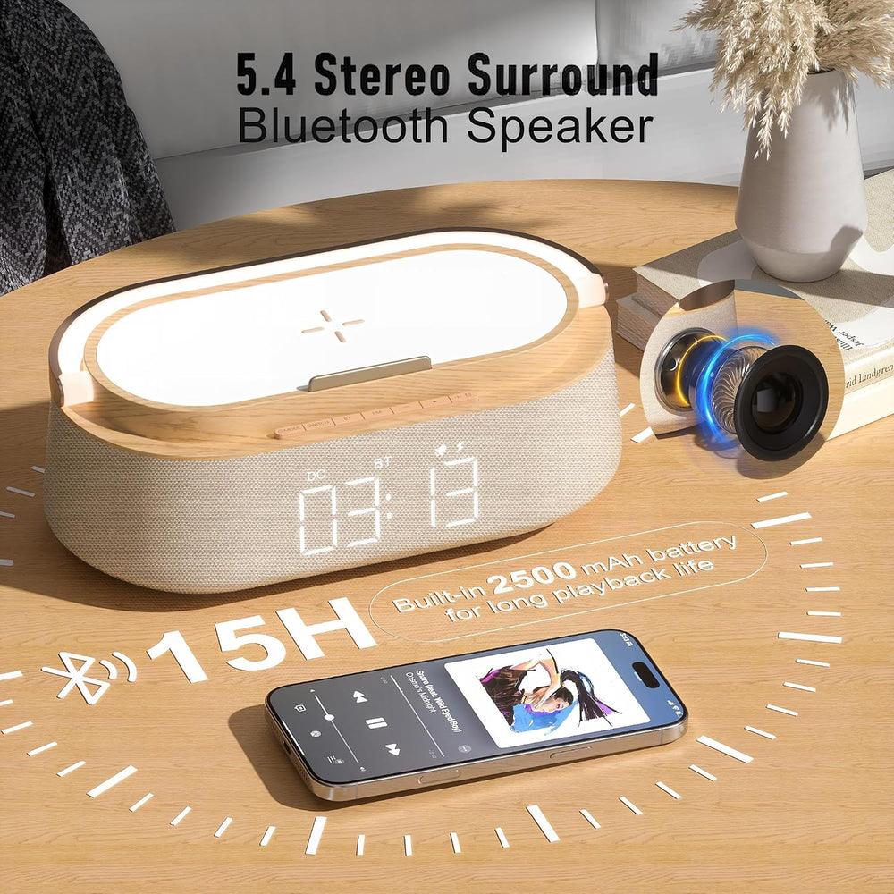 Alarm Clock Bedroom with Wireless Charger Bluetooth Speaker FM Radio Light