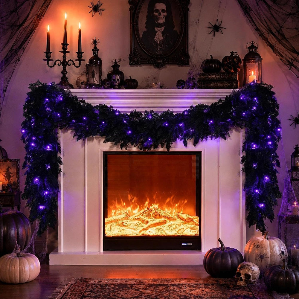 Pre-Lit Halloween Garland 9FT Decorations Black Real Touch Cedar Cypress Pine...