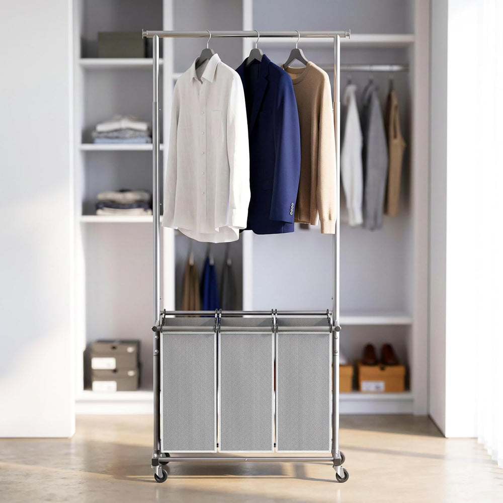 Simple Houseware Laundry Sorter Cart with Hanging Rod, Silver
