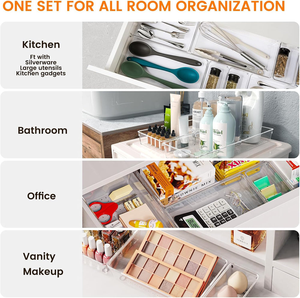 16 Pack Large Clear Plastic Drawer Organizer Bins - 5 Size Acrylic Bathroom a...