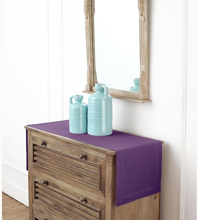 Solino Home Linen Purple Table Runner 48 Inches - Classic Hemstitch, 100% Pur...