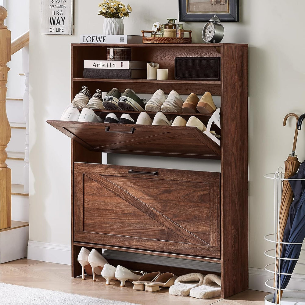 RWYHG Shoe Cabinet with 2 Flip Drawers, Narrow Entryway Organizer,Walnut
