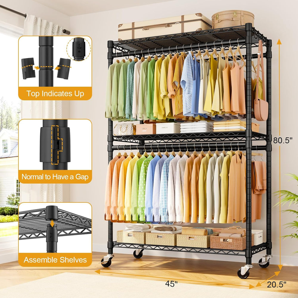 ULIFHOME Rolling Clothes Rack, Clothing Racks for Hanging Clothes, Black