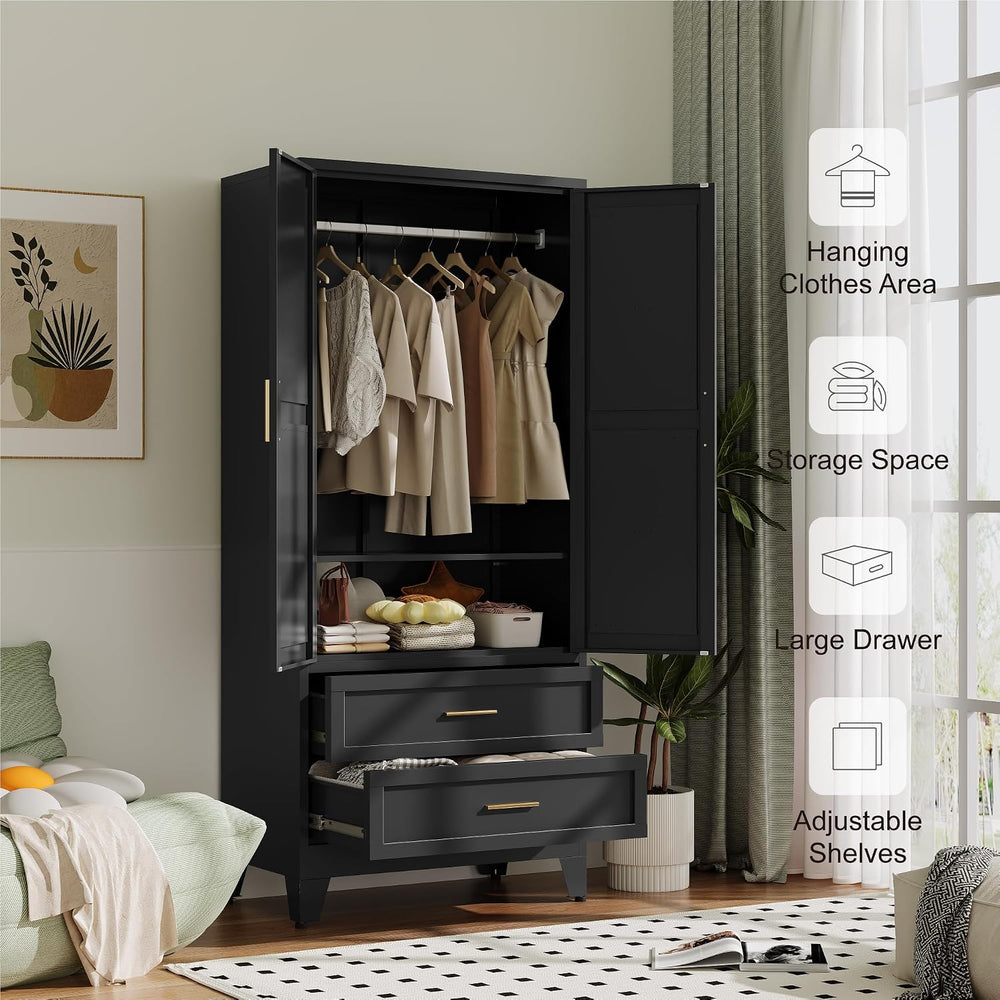 Metal Wardrobe Cabinet with Hanging Rod,71" Armoire Wardrobe Closet with...