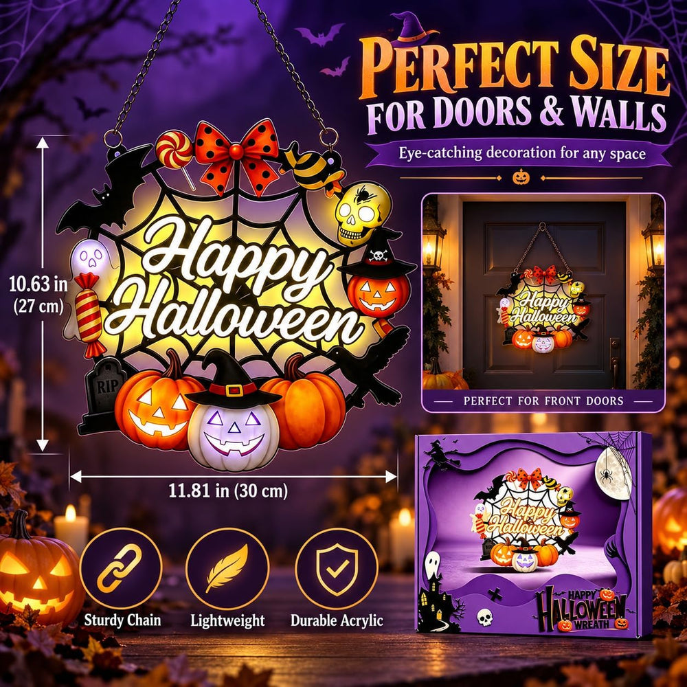 Happy Halloween Acrylic Hanging Sign for Front Door (Pumpkin Spider Light)