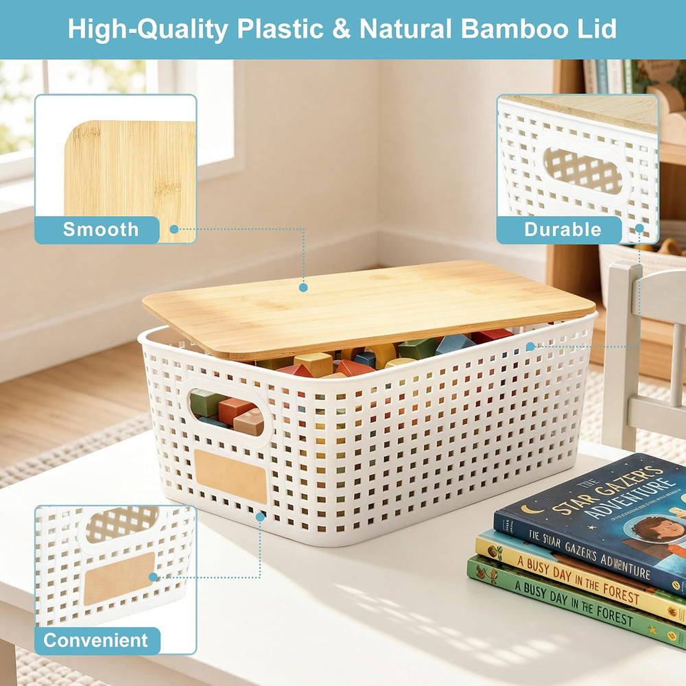 Bagnizer Small Plastic Storage Bins with Bamboo Lids 5.2qt Stackable Box Bask...