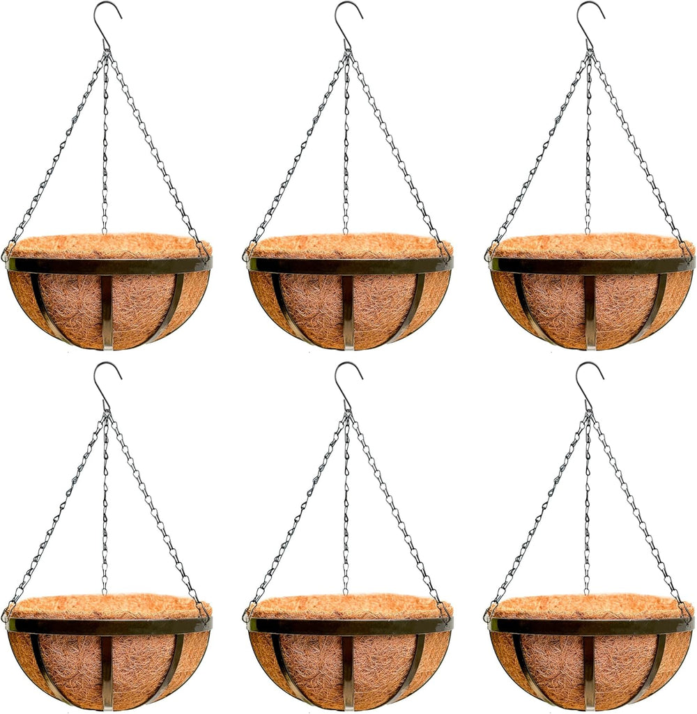 LaLaGreen Garden Hanging Baskets (14 in, 6 Pack) Black Iron Coco Liner Pots