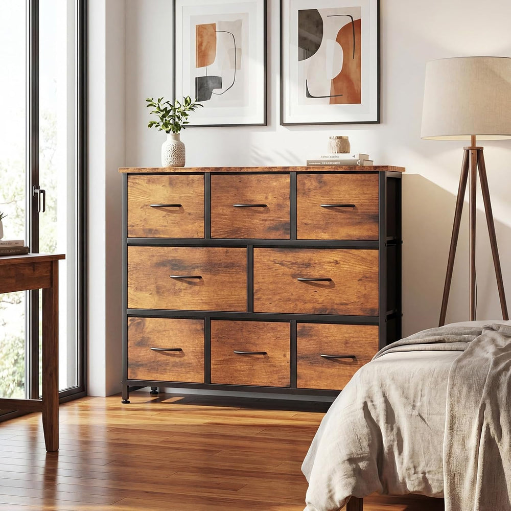 DUMOS Wide Dresser with 8 Fabric Drawers and Wood Top, Chest, Brown
