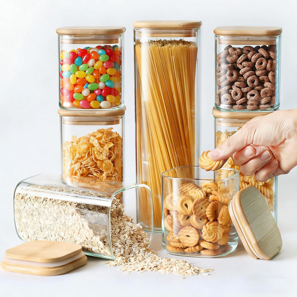7 Pack Square Glass Storage Containers with Lids, Multi-Size Canisters Sets f...