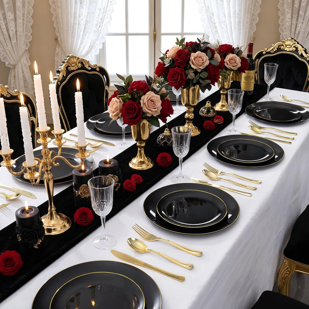 YOUBET 125PCS Black Plastic Plates with Gold Rim for Halloween